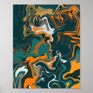 Abstrakter Swirl in dunkelgrün, orange und weiß Poster