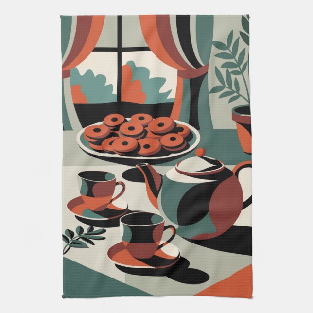 Abstrakter Tee und Kekse im Stil der 50er Jahre Geschirrtuch (Vertikal)