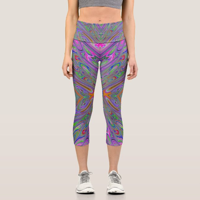 Abstrakter Trippy-Lila, Orange und grüner Schmette Capri Leggings (Vorderseite)