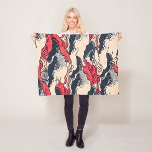 Abstrakter Vintager Ozean Waves Japanische Stilkun Fleecedecke