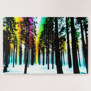 Abstrakter Wald mit Regenbogengläsern und schwarze Puzzle