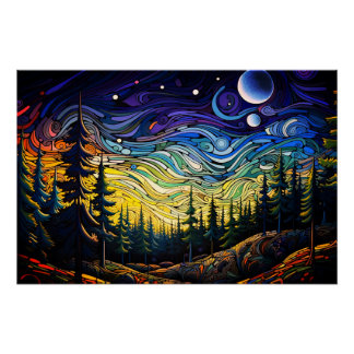 Abstrakter Waldbaum Sonnenuntergang Landschaft Poster