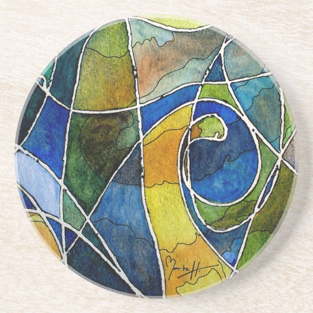Abstrakter Watercolor-Stift u. Tinte Sandstein Untersetzer (Vorne)