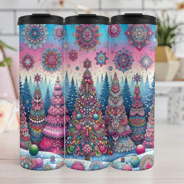 Abstrakter Weihnachtsbaum im Schnee Thermosbecher (Von Creator hochgeladen)