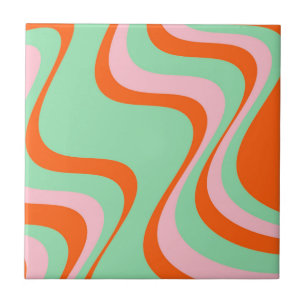 Abstrakter welliger Streifen Grün Orange Retro Bol Fliese