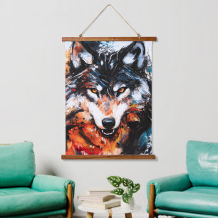 Abstrakter wilder Wolf-Geist Wandteppich Mit Holzrahmen