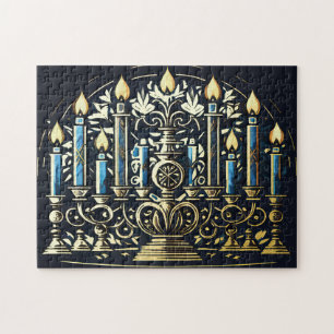 Abstrakter Zeichn von Menorah Gold Blue Puzzle