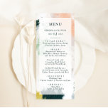 Abstraktes Abendmenü Menükarte<br><div class="desc">Dieses bunte abstrakte Hochzeitsmenü eignet sich perfekt für Ihre Hochzeitsfeier. Handgemalt mit strukturierten Pinselstrichen aus dunklem Smaragdgrün,  Pfirsich und Senf,  alles überlagert mit einem minimalistisch transparenten Quadrat,  ist es sicher,  Ihrem Anlass ein einfaches,  aber rustikales bohemianisches Gefühl zu geben.</div>