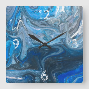 Abstraktes Acrylblau, weiß, Marine Quadratische Wanduhr