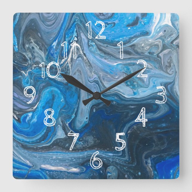 Abstraktes Acrylblau, weiß, Marine Quadratische Wanduhr (Vorderseite)