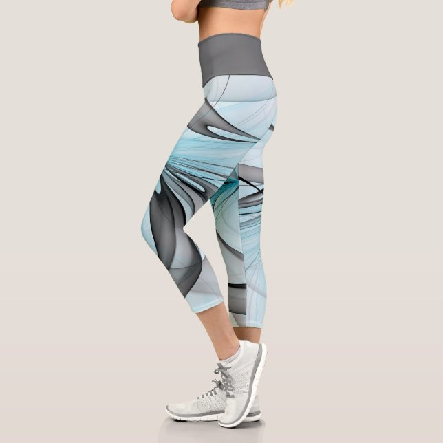 Abstraktes Anthracite Grau Blau Modernes Fraktal K Capri Leggings (Links)