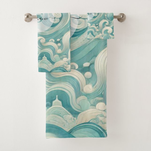 Abstraktes Aqua Blue & White Wave - Moderne Fluid  Badhandtuch Set (Insitu)