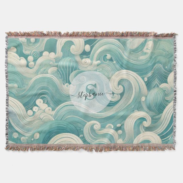 Abstraktes Aqua Blue & White Wave - Moderne Fluid  Decke (Vorderseite)