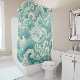Abstraktes Aqua Blue & White Wave - Moderne Fluid Duschvorhang
