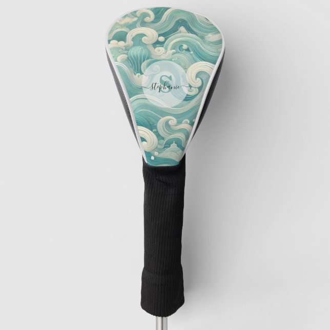 Abstraktes Aqua Blue & White Wave - Moderne Fluid  Golf Headcover (Vorderseite)