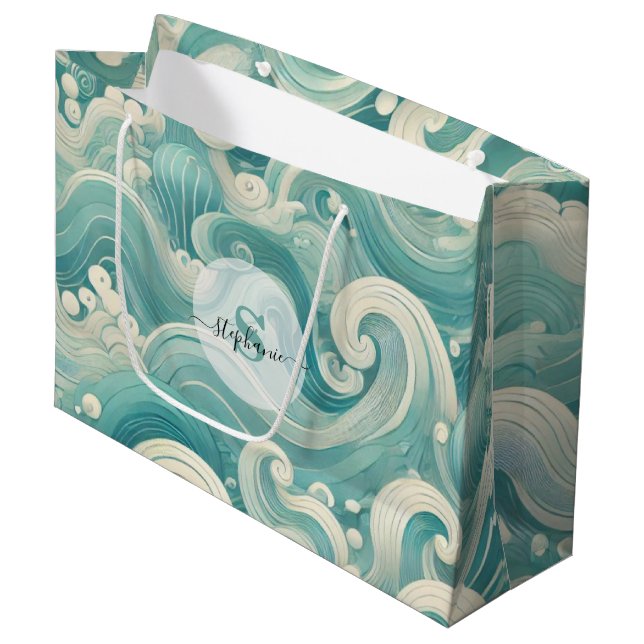 Abstraktes Aqua Blue & White Wave - Moderne Fluid  Große Geschenktüte (Vorderseite Schrägansicht)