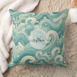 Abstraktes Aqua Blue & White Wave - Moderne Fluid  Kissen