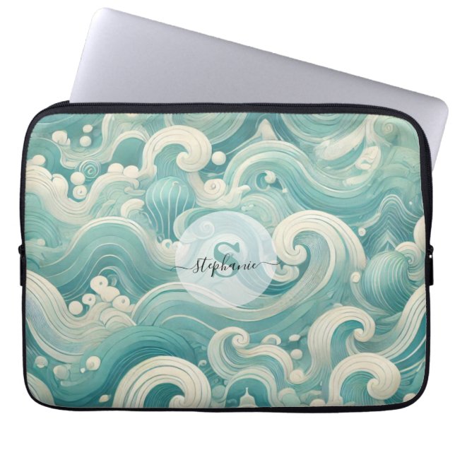 Abstraktes Aqua Blue & White Wave - Moderne Fluid  Laptopschutzhülle (Vorderseite)