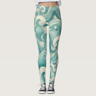 Abstraktes Aqua Blue & White Wave - Moderne Fluid Leggings