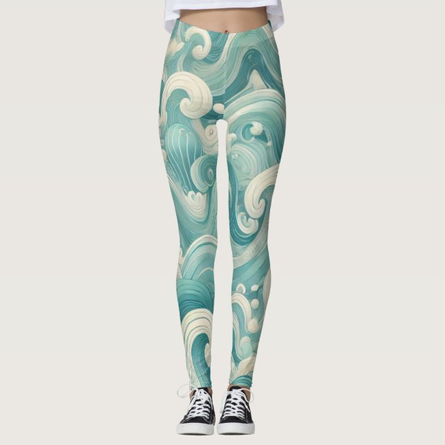 Abstraktes Aqua Blue & White Wave - Moderne Fluid  Leggings (Vorderseite)
