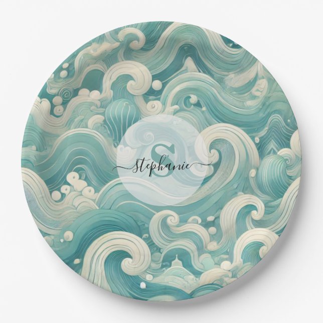 Abstraktes Aqua Blue & White Wave - Moderne Fluid  Pappteller (Vorderseite)