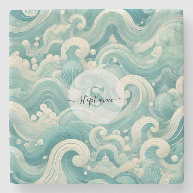 Abstraktes Aqua Blue & White Wave - Moderne Fluid  Steinuntersetzer (Vorderseite)