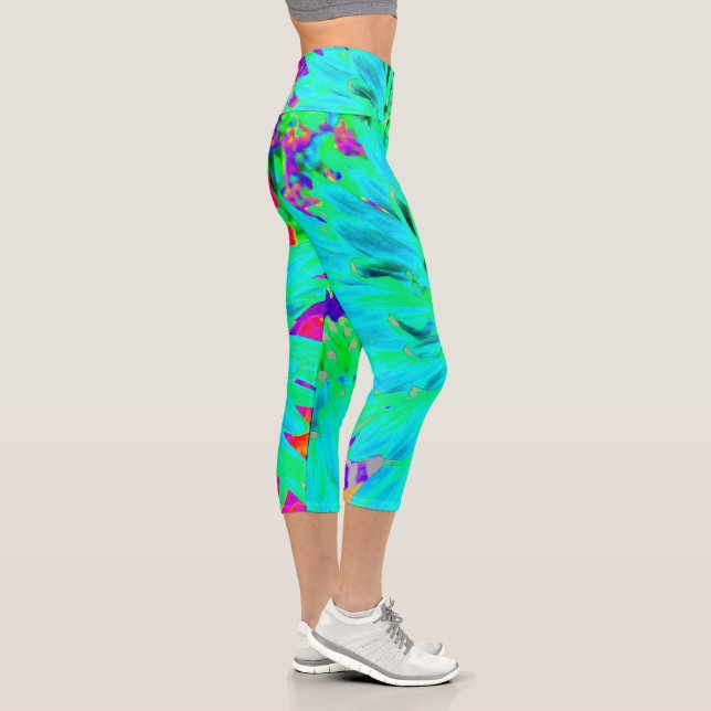 Abstraktes Aqua Decorative Dahlia Blume Capri Leggings (Rechts)