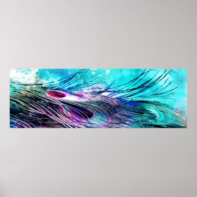 Abstraktes Aqua und Magenta Closeup Peacock Feathe Poster (Vorne)