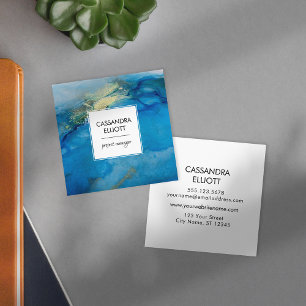 Abstraktes Aquamarines Blue & Gold Alkoholtupfer F Quadratische Visitenkarte
