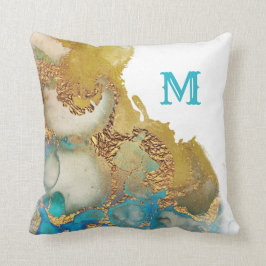 Abstraktes Aquamarines Gold-Agate-Farbmonogramm Kissen