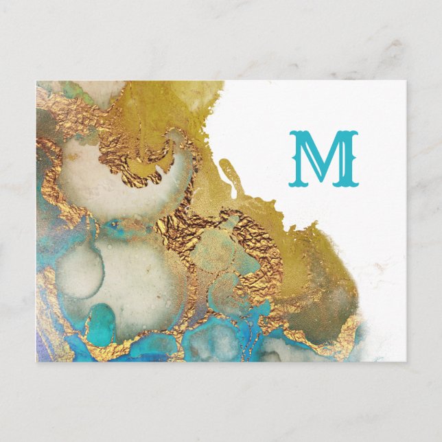 Abstraktes Aquamarines Gold-Agate-Farbmonogramm Postkarte (Vorderseite)