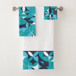 Abstraktes Aquamarines und Navy-Circle-Design Badhandtuch Set