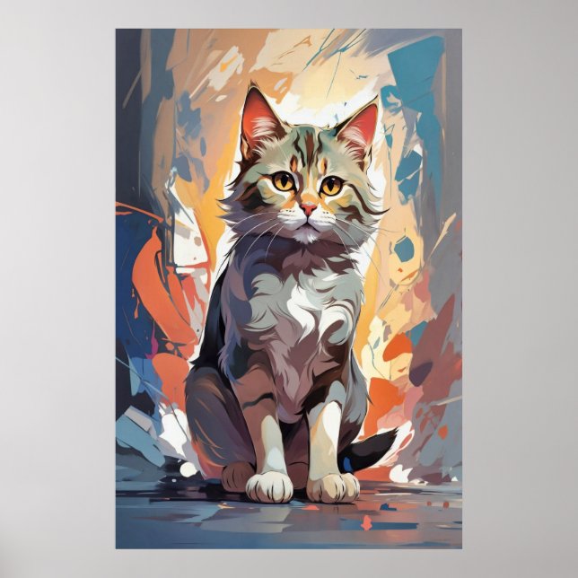 Abstraktes Aquarell-Katz-Expressionismus-Gemälde Poster (Vorne)
