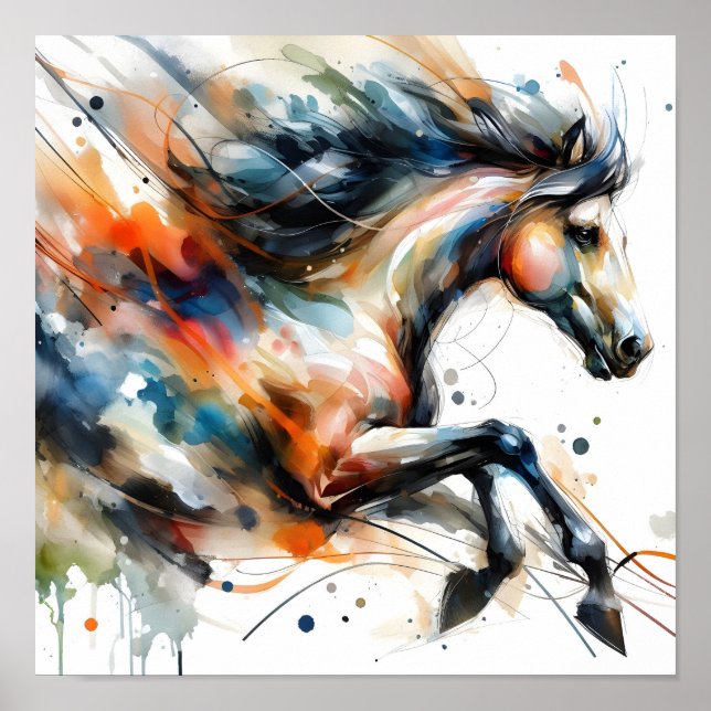Abstraktes Aquarell-Rennpferd Poster (Vorne)