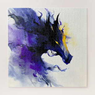 Abstraktes Aquarell Schwarzes Pferd Porträt Puzzle