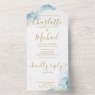 Abstraktes Aquarell-Script Gold Monogramm Hochzeit All In One Einladung