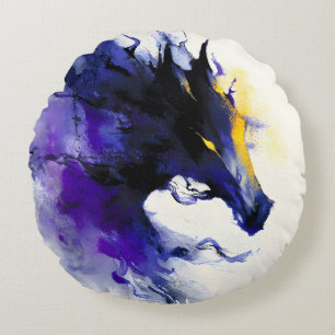 Abstraktes Aquarellbild Schwarzes Pferd Porträt Rundes Kissen