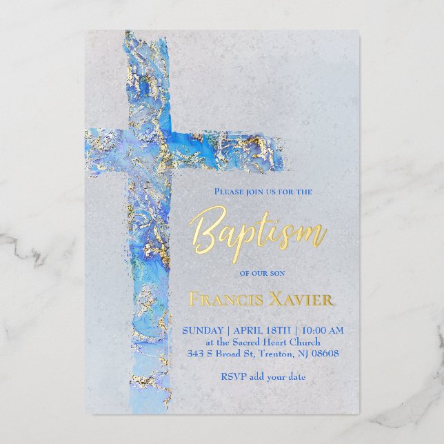 abstraktes Aquarellkreuz Taufe Folieneinladung (Vorderseite)