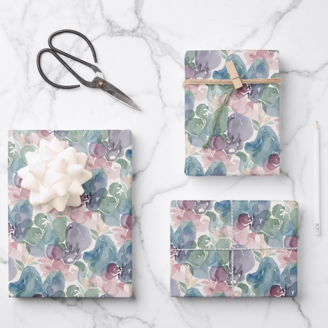 Abstraktes Aquarellmuster Teal Mauve Pink Geschenkpapier Set (Vorderseite)