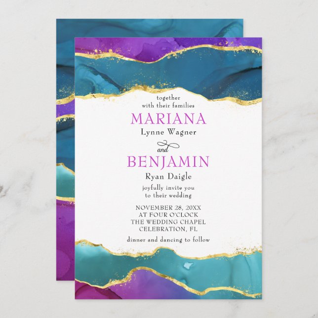 Abstraktes Aquarelltinte Fuchsia Pink Aquamarines  Einladung (Vorne/Hinten)