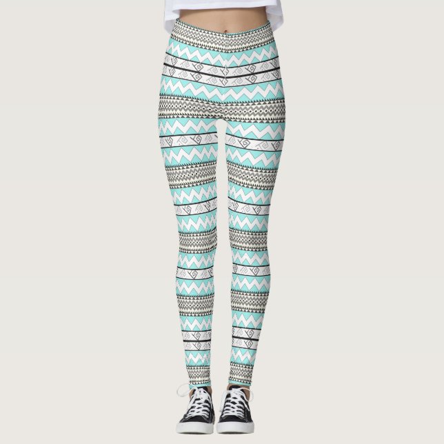 Abstraktes Aztec Mint Green Aqua Gray Muster Leggings (Vorderseite)