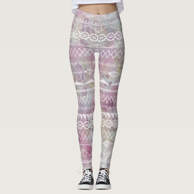 Abstraktes Aztekisches Tribal Lila rosa Muster Leggings (Vorderseite)