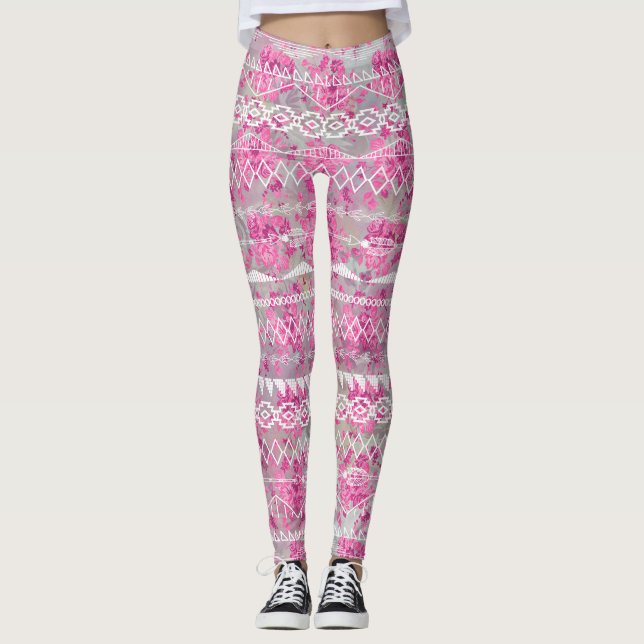 Abstraktes Aztekisches Tribal Lila rosa Muster Leggings (Vorderseite)