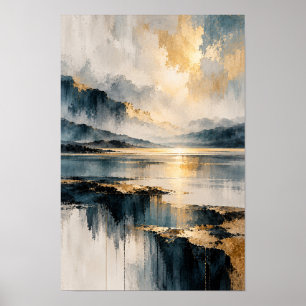 Abstraktes Bergsee-Wandbild mit goldenem Licht Poster