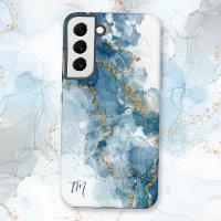 Abstraktes Blau/Gold Glitter Alcohol Ink Monogramm