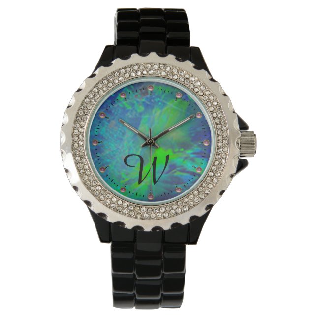 ABSTRAKTES BLAU GREEN OPAL FOTO MONOGRAMM ARMBANDUHR (Vorderseite)