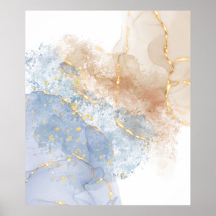 Abstraktes Blau, Taupe und Gold Poster