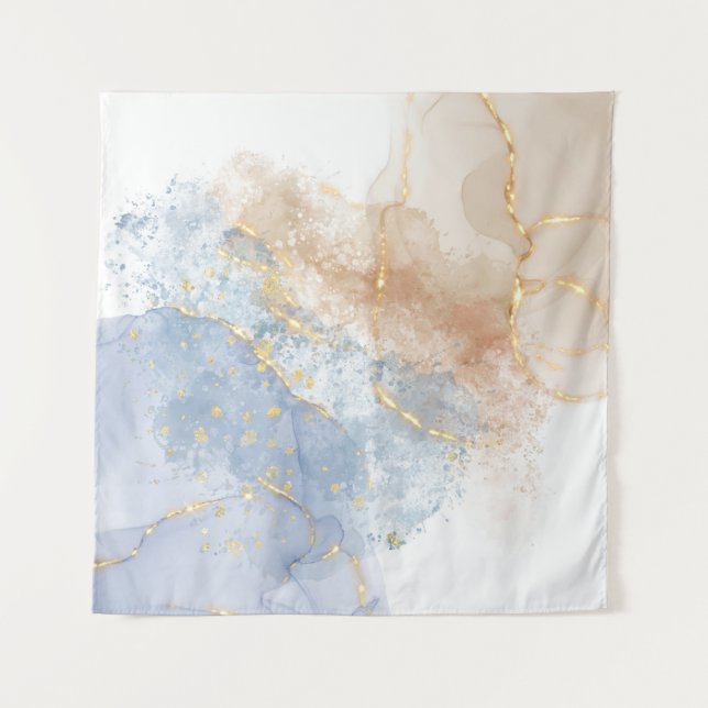 Abstraktes Blau, Taupe und Gold Wandteppich (Vorderseite)