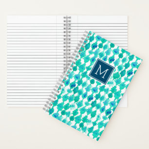 Abstraktes Blau und Aqua Wasserfarbe Mit Monogramm Notizbuch