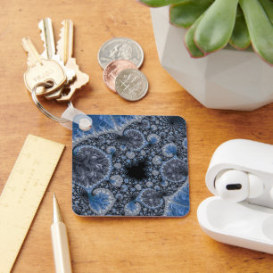 Abstraktes Blau und Schwarzes Fraktal Schlüsselanhänger